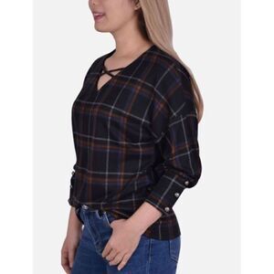NY COLLECTION - NWT - L Sz 1X Long-Sleeve, Plaid, Cris-Cross Top w/Button Cuffs